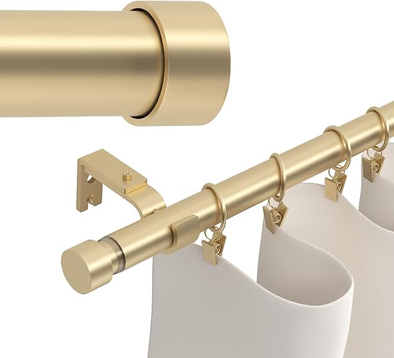 Gold Curtain Rods 180 inch, Extra Long Curtain Rod for Windows 120-180 inch, 1 inch Heavy Duty Drapery Rod for Outdoor Patio, Living Room, Bedroom, Modern Adjustable Curtain Pole 10-15ft