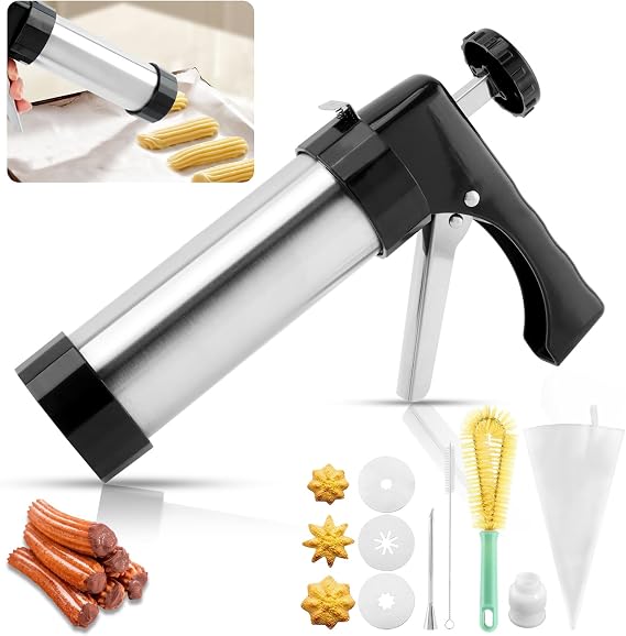 Churro Maker Kit, Hollow Churro Machine with 3 Discs, Piping Bag, Filling Needle & Cleaning Brush, Premium Stainless Steel Churrera with Easy Press Handle for Homemade Filled Churros
