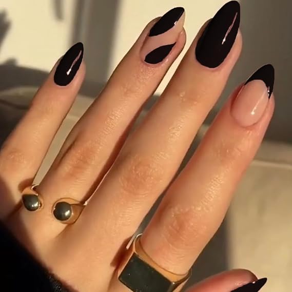 GLAMERMAID Black Nude French Tip Press on Nails Medium Almond, Halloween Curve Gel Glue on Nail, Neutral Short Stiletto Reusable UV Finish Fake Nails, Acrylic Oval False Nails Manicure Kits for Women