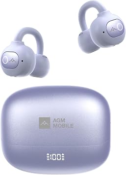 AGM OpenBuds 1 Open Ear Wireless Clip-On Earbuds, Comfort/Ultra-Light, ANC Noise Cancelling/TWS Pairing, 40H Playtime, Digital Display/Bluetooth 5.4, Sweatproof, Secure Fit for Workouts, Mystic Purple