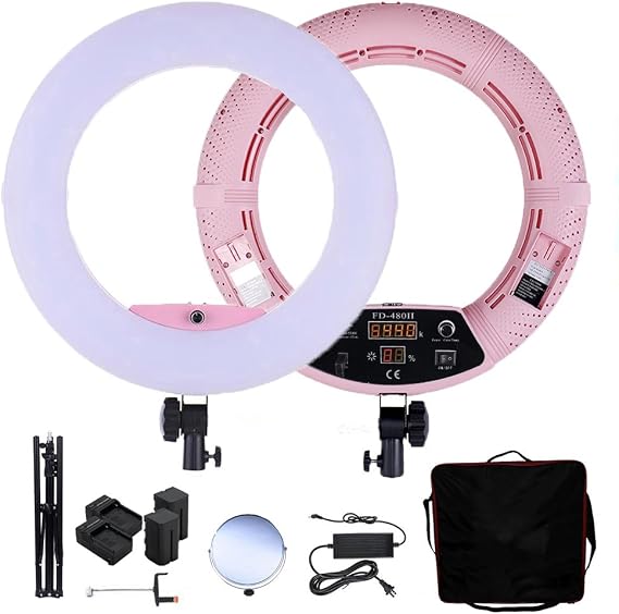 Dimmable LED Ring Light FD-480II for Portrait Selfie YouTube Photo Video Studio Continuous Light with Tripod, Batteries, Chargers, Carrying Bag, Makeup Mirror, Photo/Camera Holder Pink