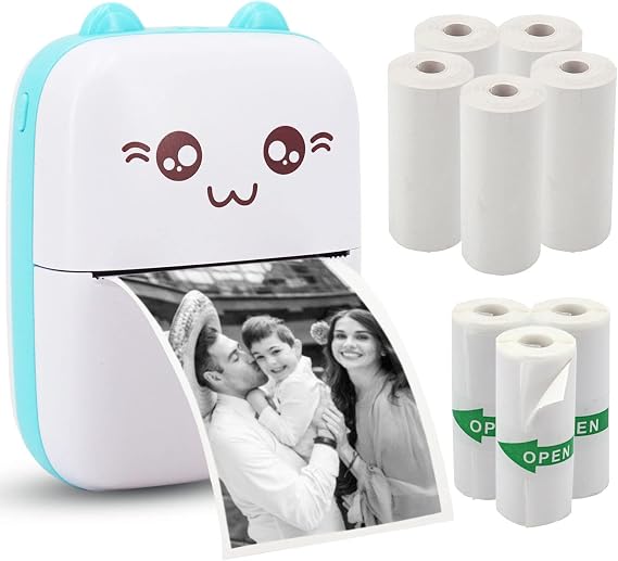 Mini Pocket Printer, Portable Thermal Printer with 8 Rolls Printing Paper, Bluetooth Wireless Tiny Printer for Photos/Stickers/Labels/Notes/Receipts, Compatible with iOS and Android, Blue
