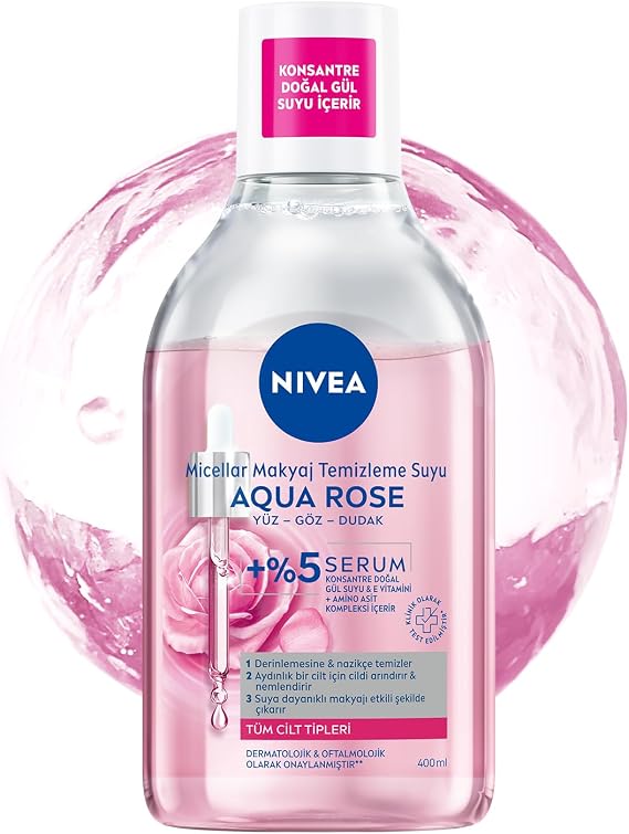 NIVEA Aqua Rose Gül Suyu ve Serum İçeren Çift Fazlı Micellar Makyaj Temizleme Suyu 400ml,Yüz Göz Dudak, SPF Filtrelerini Temizler