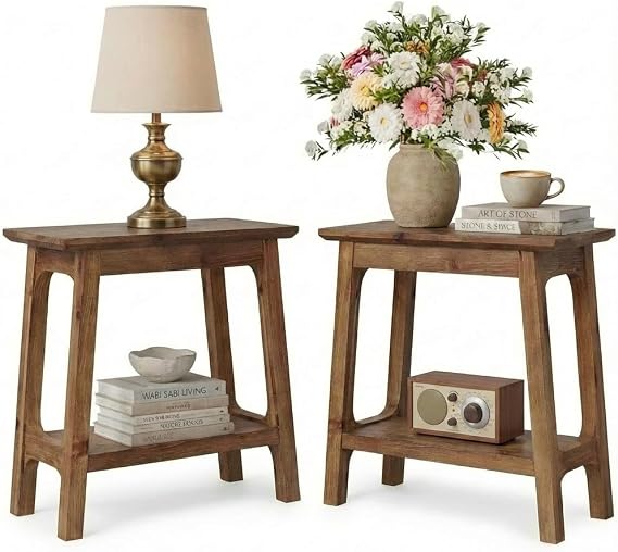 LITTLE TREE Solid Wood End Tables Set of 2, Narrow 2-Tier Side Table for Small Spaces, Farmhouse Bedside Table Nightstands with Storage for Bedroom, Living Room, Rustic Brown (2 Piece)