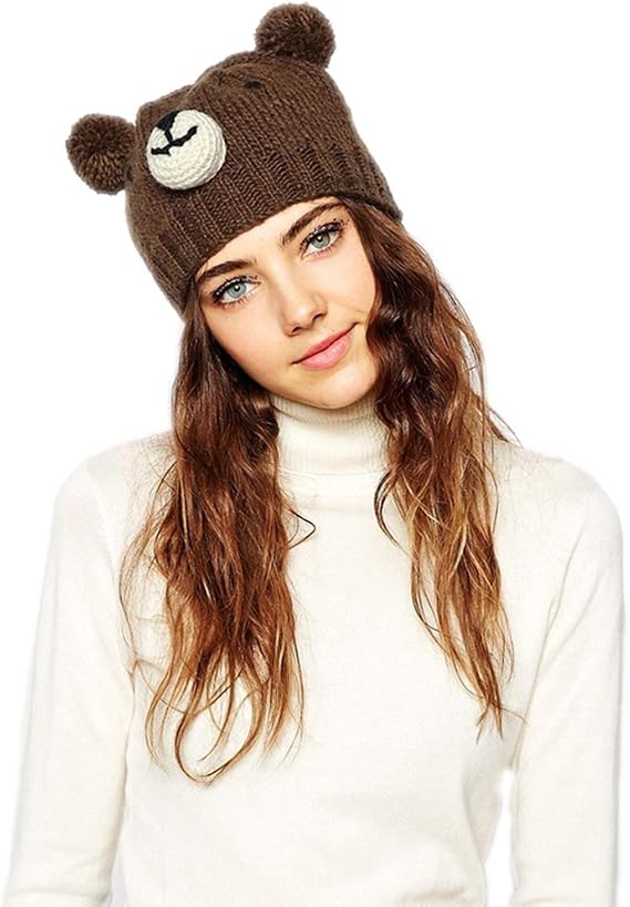 BIKMAN Three-Dimensional Bear Knit Hat Bear Knit Hat Pom Pom Beanie Hat