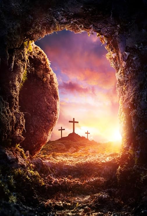 AOFOTO 3x5ft Crucifixion Resurrection of Jesus Christ Backdrop Salvation Cross Photography Background Tomb Cave Sunrise Glimmers of Hope Photo Studio Props Bible Pray Christian Church Play Wallpaper