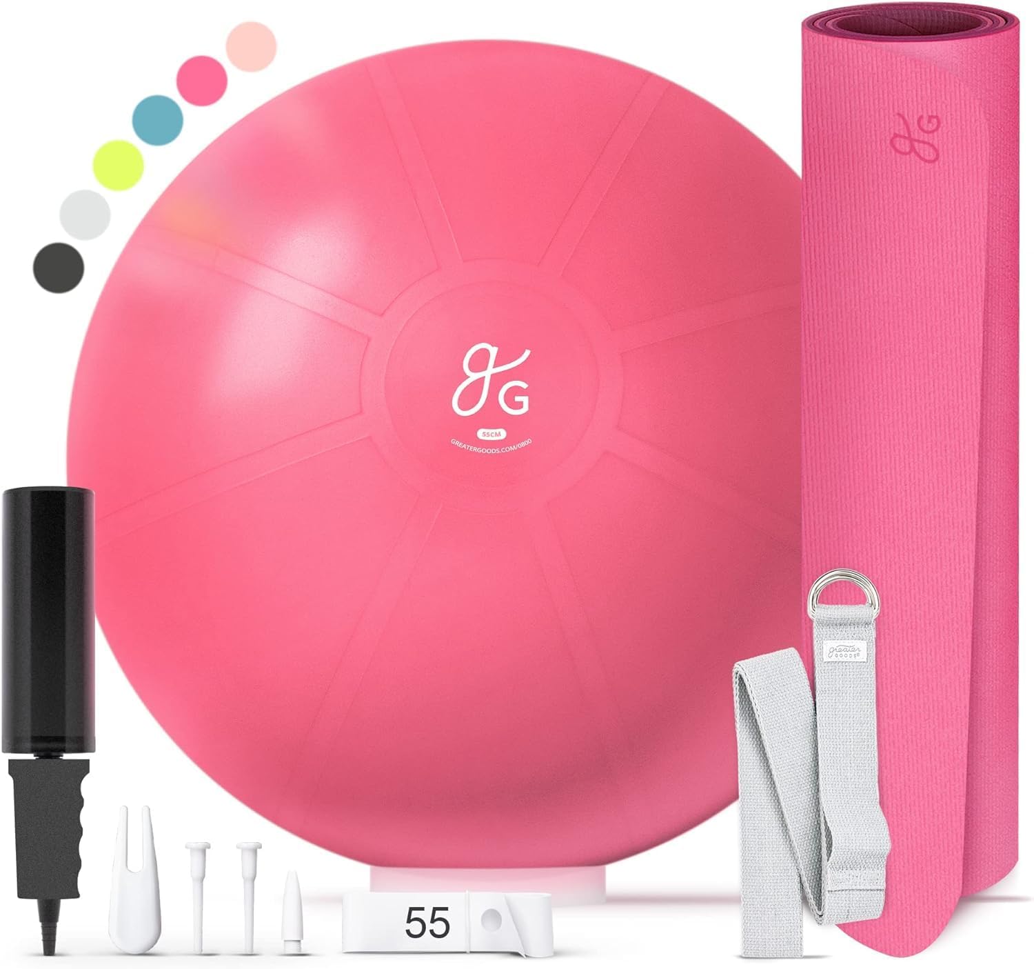 Greater Goods Exercise Ball and Yoga Mat - 55 cm Yoga Ball for Working Out, Balance, Stability, and Pregnancy | Exercise Mat for Fitness, Balance, and Stability | Free Carrying Strap Watermelon Pink