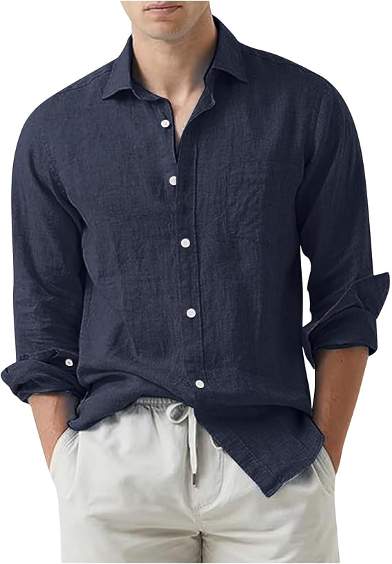 Cotton Linen Shirts for Men Causal Long Sleeve Button Down Tshirts Loose Fit Solid Linen Tee Tops Fall Clothes