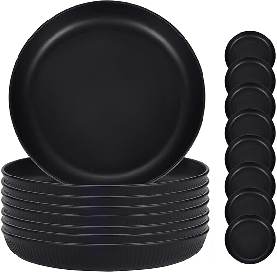 Camping Plate, Unbreakable Deep Picnic Plate Set 8，Reusable Dinner Plate Set, Microwave and Dishwasher Safe Plastic Dinner Plates for Salad, Pasta, Party, Home (Black-8)