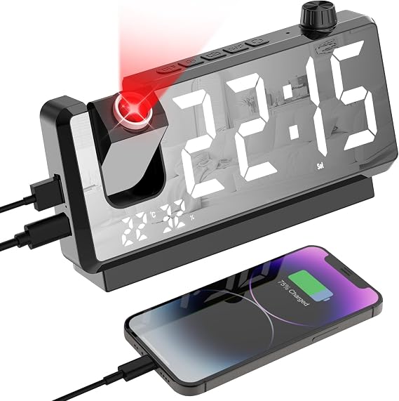 GuDoQi Projection Alarm Clock for Bedroom, Digital Clock with 180 Projector, 7" Large LED Display, Dual Alarms, Temperature&Humidity Display, Dual USB Port, 12/24H, Snooze, for Heavy Sleepers, Black
