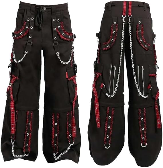 Darkrock Gothic Bondage Men Black & Red Pant Alternative Punk Rock Emo Trouser Convertible Pants Shorts Unisex