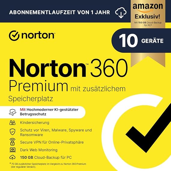 Norton 360 Premium mit extragroßer Backup-Kapazität – Amazon Exklusiv* 75GB zusätzlicher Cloud-Backup Speicher. Antivirus Software für 10 Geräte und einem Jahr Laufzeit