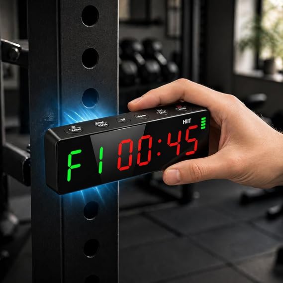 Gym Clock Workout Timer Clock for Home Gym, 7-Inch LED Gym Exercise Interval Timer with Strong Magnet, Rechargeable Battery, 5-Level Brightness for HIIT, Tabata, Boxing & Garage Workouts