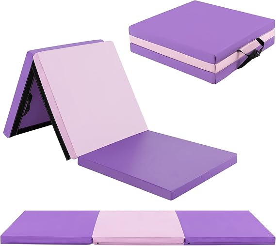 GYMAX Folding Gymnastics Mat, 6 FT x 2 FT x 2 Inches Exercise Mat w/Carrying Handles, Waterproof PU Leather, Hook & Loop Fasteners, Portable Tumbling Mat for Yoga Home Gym