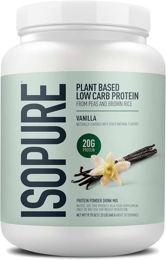 Isopure Plant Base Protein Powder, Vanilla Flavor, 19.6 oz 558 g 1.23bs, 20 Servings