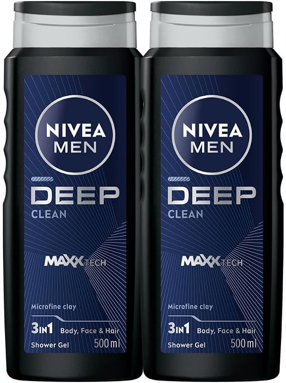 NIVEA MEN Deep Dimension Duş Jeli 500ml x2 Adet, Vücut, Saç ve Yüz için, Çekici Koku, 3'ü 1 Arada Komple Bakım, Avantajlı Paket