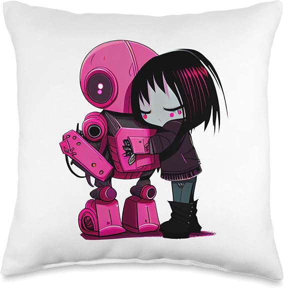 Robot and Emo Girl Techy Love - AI love - Robot hugs Throw Pillow