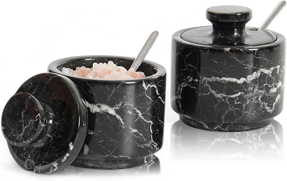 MARBLOUS KRAFTS Marble Salt Cellar Set of 2 with Spoon and Lid, 3 Inch Black Zebra Handcrafted Stone Salt Container for Kitchen Countertop, Seasoning Jar, Salt Dish, Fleur de Sel Holder, Gift Set