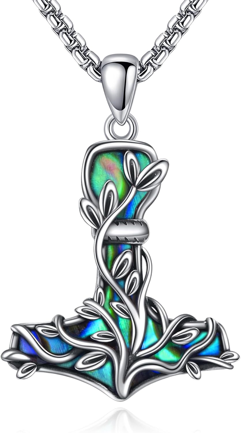 Thors Hammer Necklace Sterling Silver Mjolnir Tree of Life Pendant Necklace Vegvisir Jewelry for Women Men