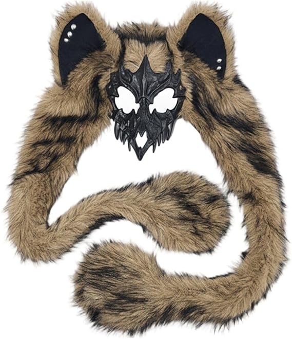 Viking- Mask Furry Animal Costume Skull Head Mask for Women Men Plush Headwear Werewolf Face