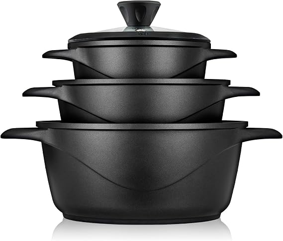 briebe Cookware Set 6 Piece, 3 Cast Aluminium Casseroles Dish Cast Aluminium, ILAG GRANITEC Non-Stick, Set of Pots and Lids Glass, Silicone Gloves, Ceramic Hob, Gas, Oven, MGK-18S