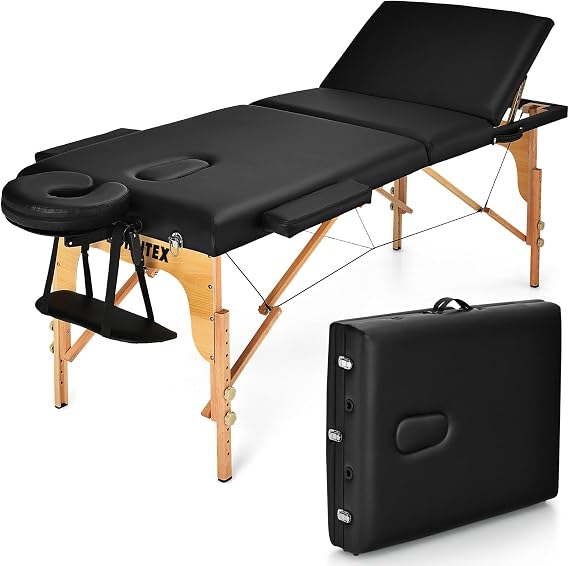 GIANTEX 84inch Folding Massage Table Lash Bed, Portable 3 Sections Spa Salon Tattoo Bed with Face Cradle Armrests Wooden Legs, Professional Massage Bed Height Adjustable with Carry Case (Black)