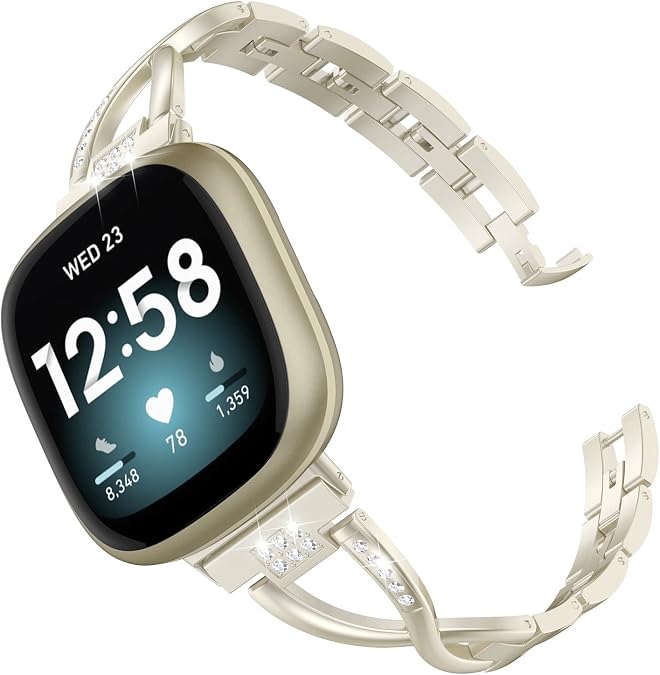 Wearlizer Metal Band Compatible with Fitbit Versa 4 3/Sense 2 1 Bands Women | Dressy Stainless Steel Bling Rhinestone Link Bracelet Wristband Replacement Strap for Versa 4/3/Sense 2/Sense