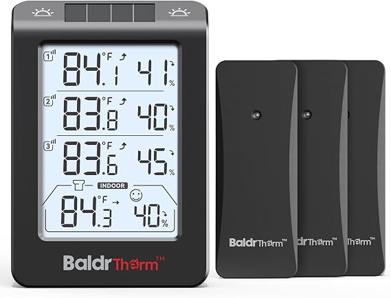 BaldrTherm Indoor Outdoor Thermometer Wireless, Temperature Humidity Monitor with 3 Remote Sensors, 4.8" Digital Display 330ft Range Real-Time Alerts Smart Backlight Hygrometer Thermometer, Black