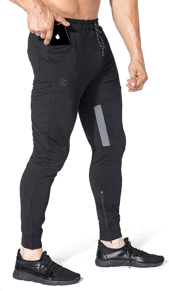 BROKIG Men Fitted Gym Sweatpants,Casual Slim Workout Jogger Pants with Zipper Pocket Bodybuilding Athletic Tapered Pants