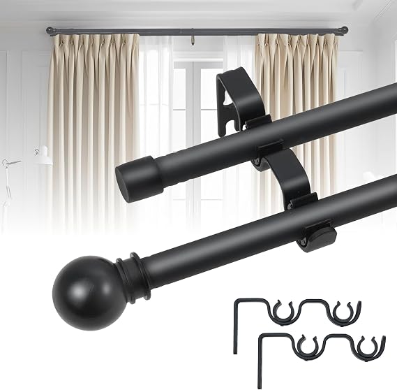 Black Double Window Curtain Rods 31 to 96 Inch, 5/8 Inch Diameter Dual Drapery Rod with Brackets, Splicing Double Blackout Curtain Rods for Bedroom,Patio,Sliding Glass Door