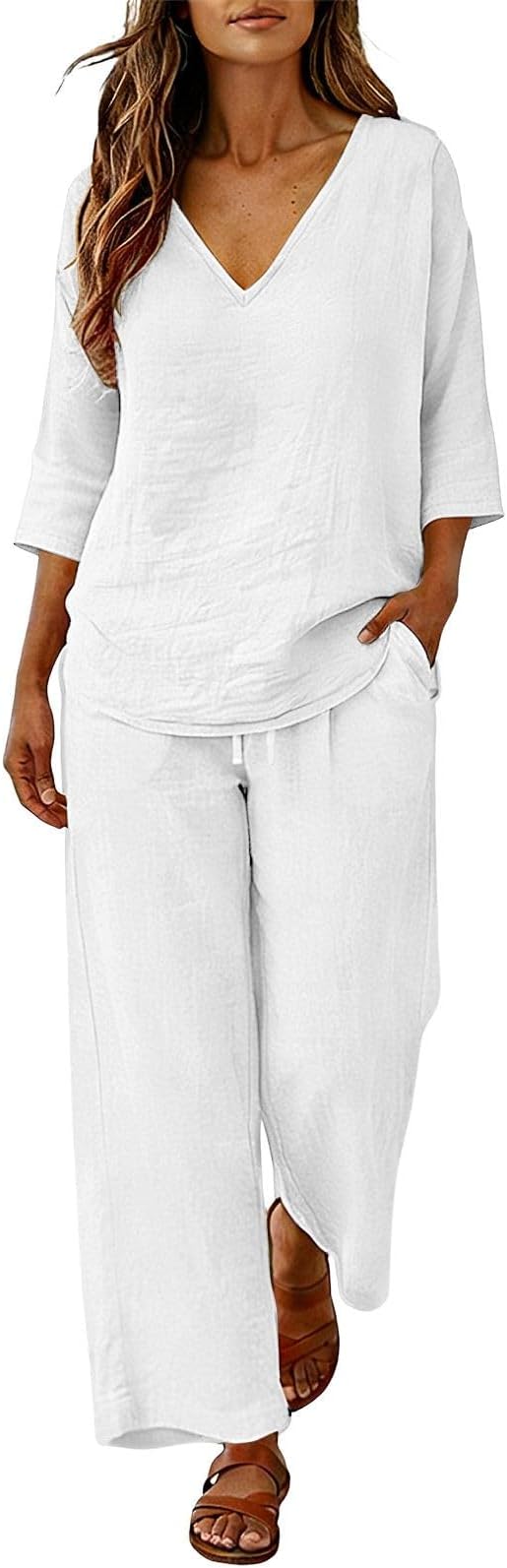 Linen Sets for Women 2 Piece 3/4 Sleeve Cotton Linen Tops and Wide Leg Pants Matching Sets Summer Beach Lounge Outfits