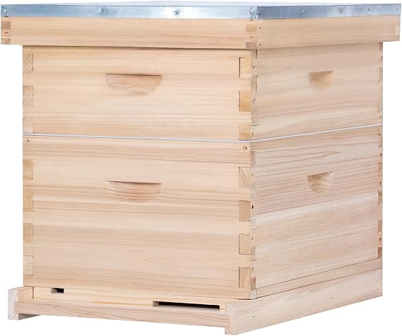 10 Frame Bee Hive, Compelte Bee Hive Starter Kit Includes 1 Deep Brood Honey Bee Hives Box, 1 Medium Super Bee Box with Beehive Frames and Foundation Sheets