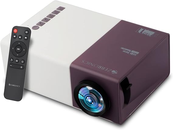 ZEBRONICS Zeb-PIXAPLAY 11 Portable LED Projector with FHD 1080p Support, HDMI, USB, mSD, 381cm/150" Screen Size, Dual Power Input, Built-in-Speaker, Remote Control, AV in, AUX Out and Compact Design