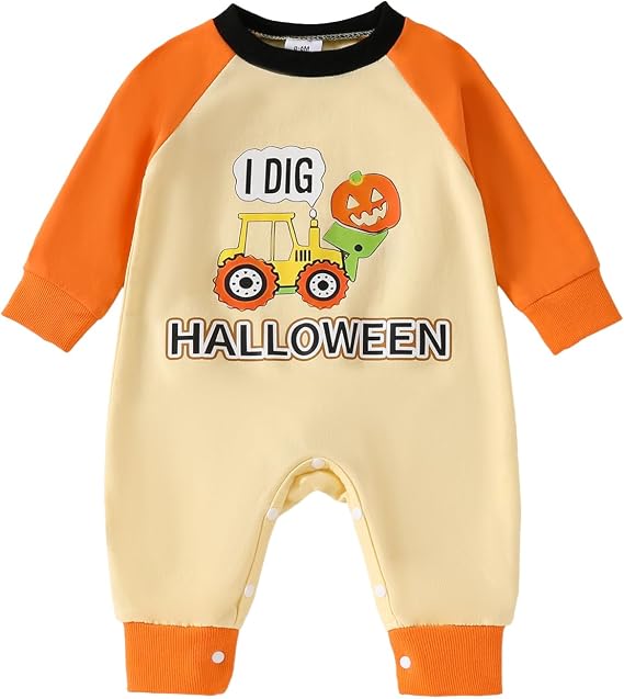Toddler Jumpsuit Long Sleeve Crew Neck Letter Excavator Print Newborn Romper Halloween Baby Clothes for Girls Boys