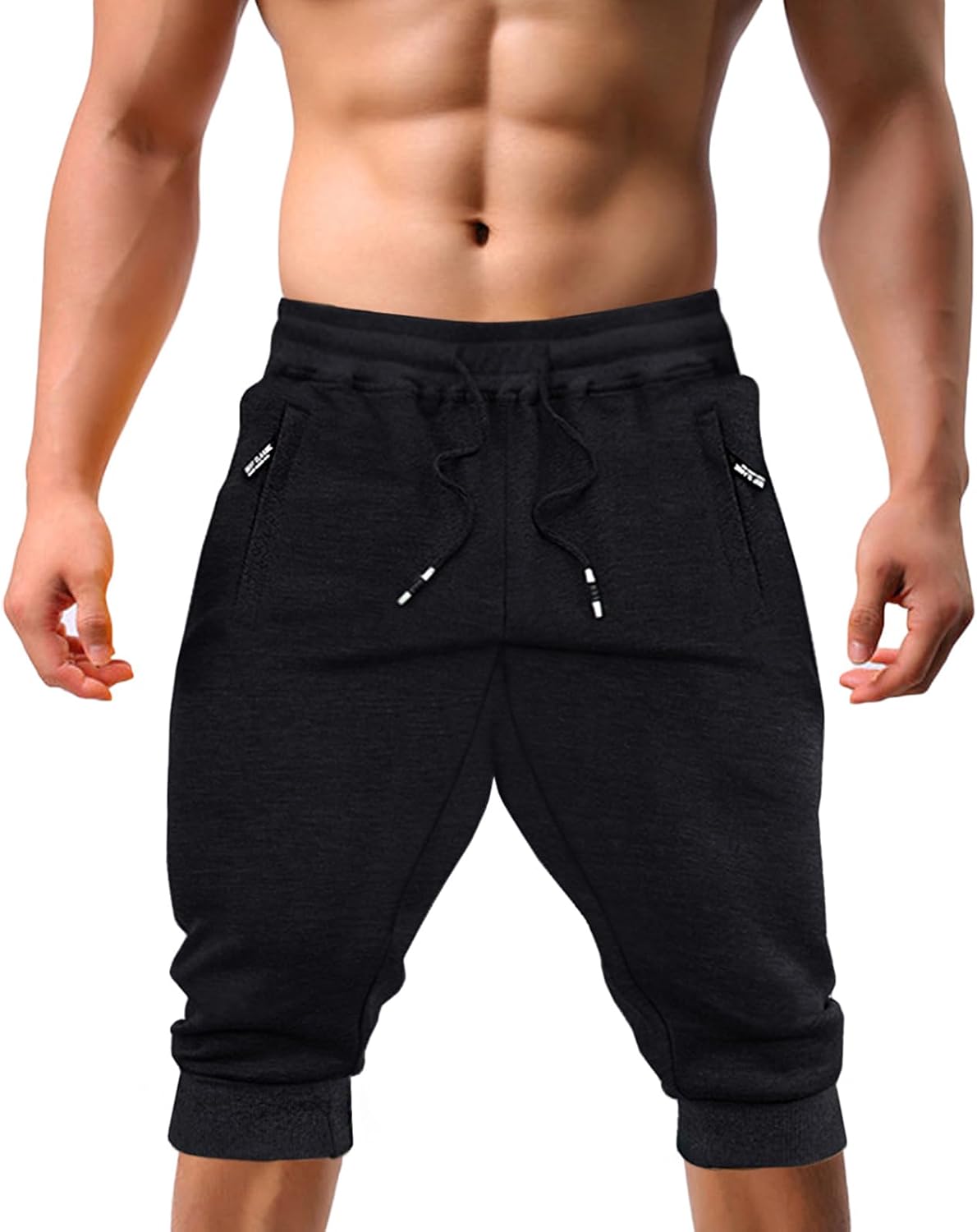 EKLENTSON Mens Shorts 34 Jogger Cotton Capri Sport Pants Summer Cotton Zip Gym Running Cloth Elastic Waist Below Knee Training Bottoms