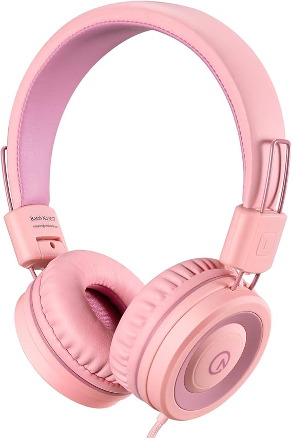 noot products K11 Kids Headphones Wired 3.5mm Jack Tangle-Free Soft Pink