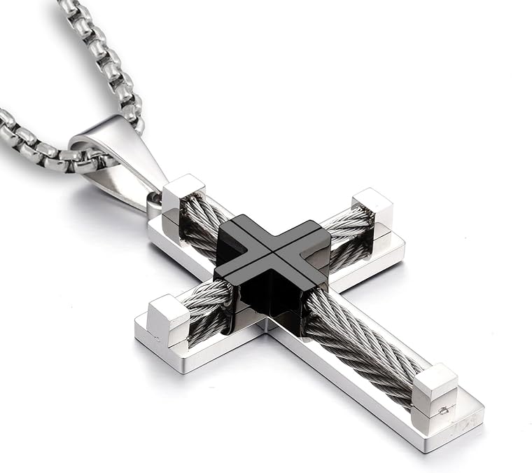 YL Men's Cross Necklace 316L Stainless Steel Large Jesus Christ Pendant Jewelry Rolo Chain for 24