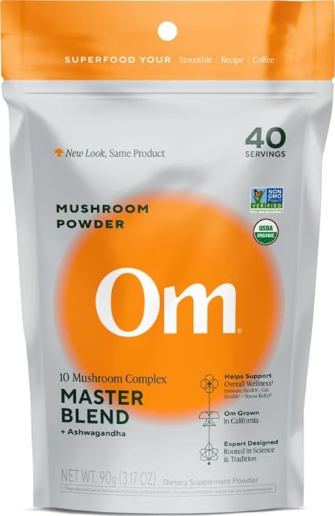 Om Master Blend Mushroom Powder Organic Mushroom Supplement with 10 Mushrooms and Ashwagandha - Support Immunity, Gut Health & Stress Relief, 3.17 oz (40 Servings)