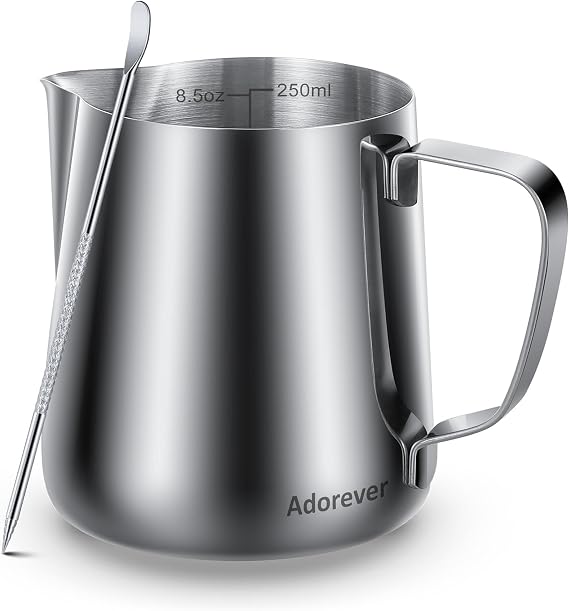 Milk Frothing Pitcher, 8.5oz / 250ml Steaming Pitcher Stainless Steel Espresso Machine Accessories for Coffee Bar, Cappuccino Barista Tools Milk Jug Steamer Frother Cup with Latte Art Pen