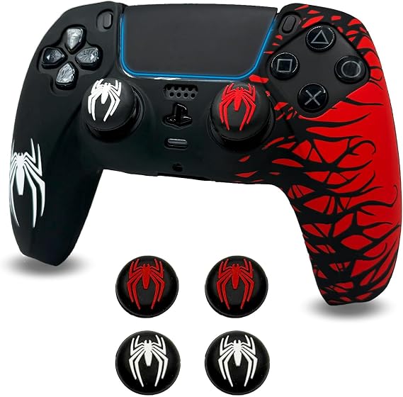 ElitePlay Black and Red Spider Non-Slip Silicone Case for PS5 Controller Soft Rubber Case for PS5 Wireless Controller with 2 Sets of Thumb Grips
