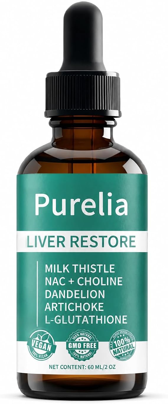 Purelia Liver Restore Drops- Complete Liver Detox Support Liquid Drops with Milk Thistle, Dandelion, Choline, L-Glutathione for Liver Cleanse (1)