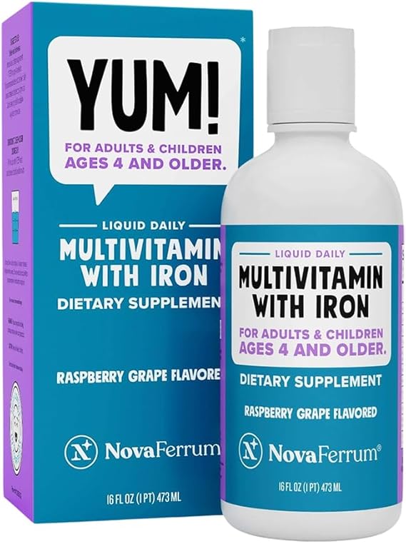 NovaFerrum Yum 16 Fl Oz | Multivitamin with Iron for Ages 4 & Up | Gluten Free Certified | Sugar Free | Raspberry Grape