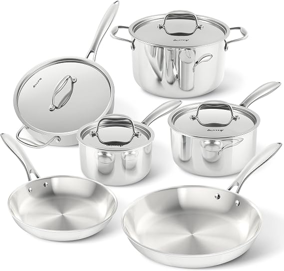 Duxtop Tri-Ply Stainless Steel Induction Cookware, 10PC Pots and Pans Set | Whole Clad 3-Layer Steel, Family Cookware Set, Even Heating, Dishwasher and Oven Safe