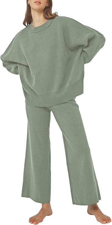 Linsery Women 2 Piece Sweater Sets Long Sleeve Knit Top Matching Wide Leg Pant Knitted Sweatsuit Outfits