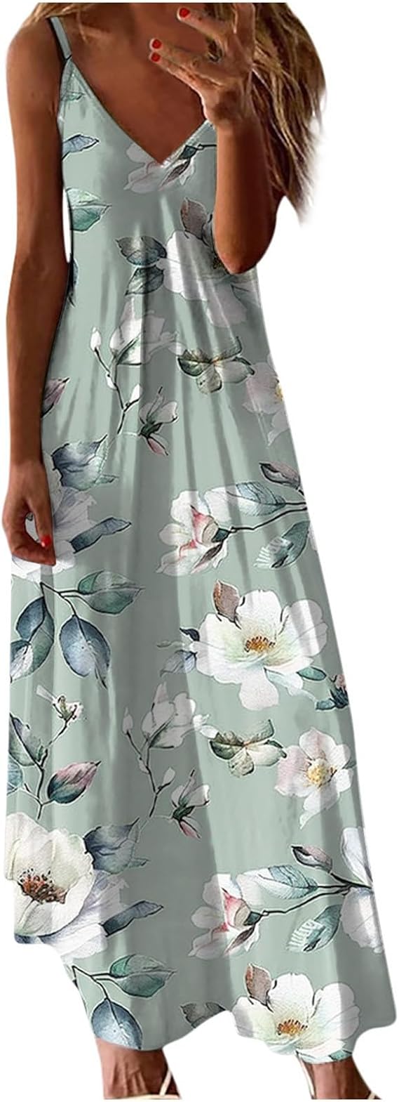 Akklian Women Summer Maxi Dress Casual V-Neck Sleeveless Bohemian Spaghetti Strap Floral Print Beach Dress Flowy Long Dresses