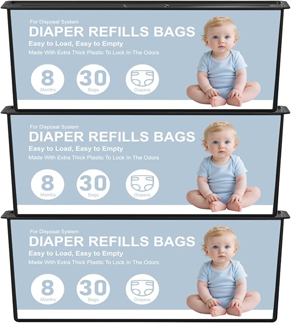 おむつペール詰め替えバッグ Genie Easy Roll SignatureとPlatinum Diaper Pailに対応 90枚入り 新生児用おむつ4200枚まで収納可能 7層防臭技術 3パック