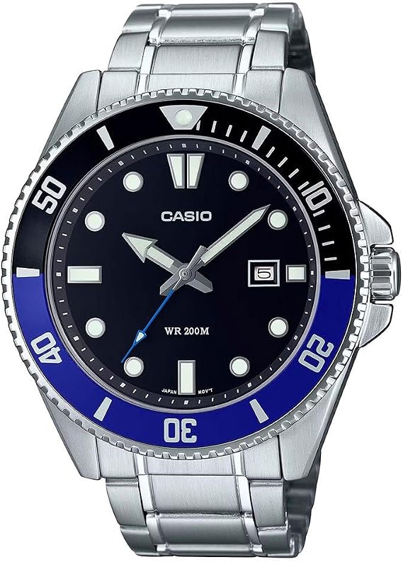 Casio MDV107D-1A2V Men's Stainless Steel 200M Blue Bezel Black Dial 3-Hand Analog Dive Sports Watch