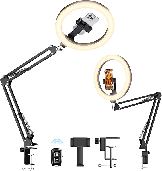 Upgrade Ring Light with Stand, Overhead Phone Mount for Desk, 10 Selfie Light with Stand Tripod for iPhone, Light with Phone Holder for Video Recording,Zoom Meeting,Live Streaming Tiktok,YouTube