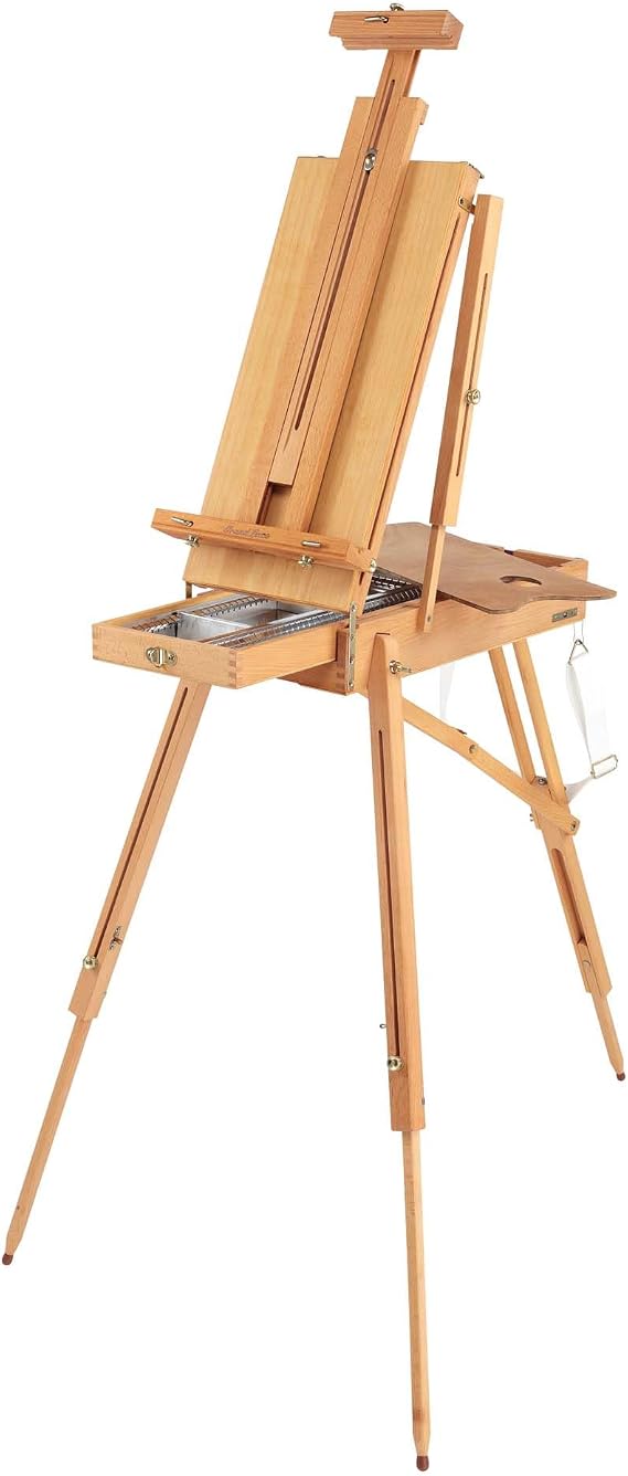 Grand Luxe Half Box French Easel - Premium Oiled Beechwood Painting Kit with Wooden Easel Stand for Painting, Adjustable Height 44-71 Inches, Metal Lined Drawer, Leather Handle, Brass Hardware