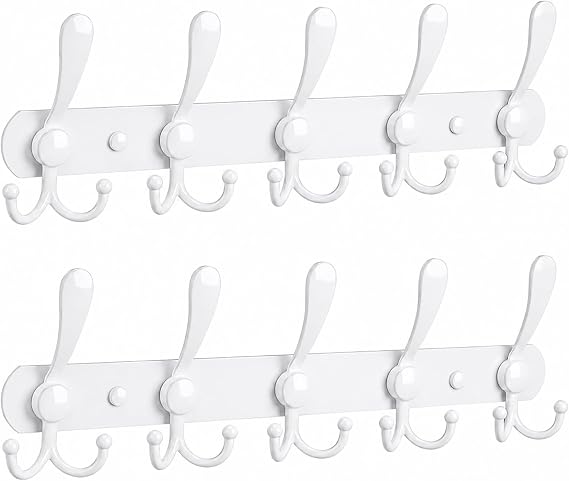 YUNISS Coat Rack Wall Mounted,5 Tri Stainless Steel Coat Hook for Coat Hat Robes Towel in Mudroom Entryway (White, 2 Pack 5 Hook)